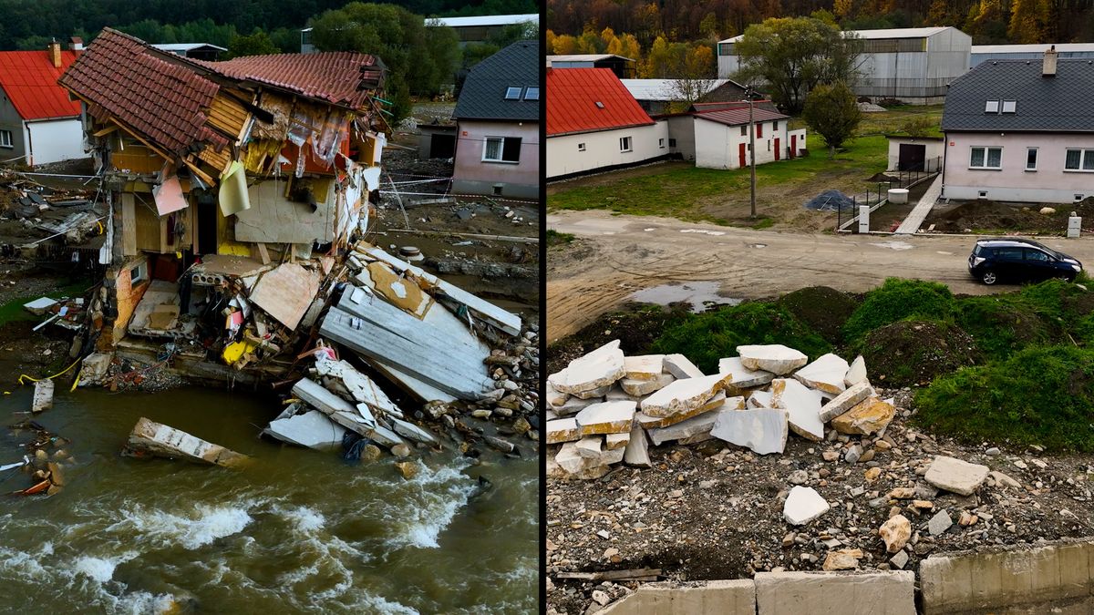 Rok po povodních v České Vsi na Jesenicku pohledem dronu